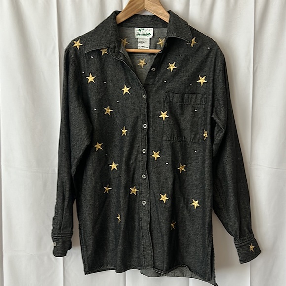 Quacker Factory Tops - The Quaker Factory Black Stars and Rhinestones Button Down Shirt Top **Size S**